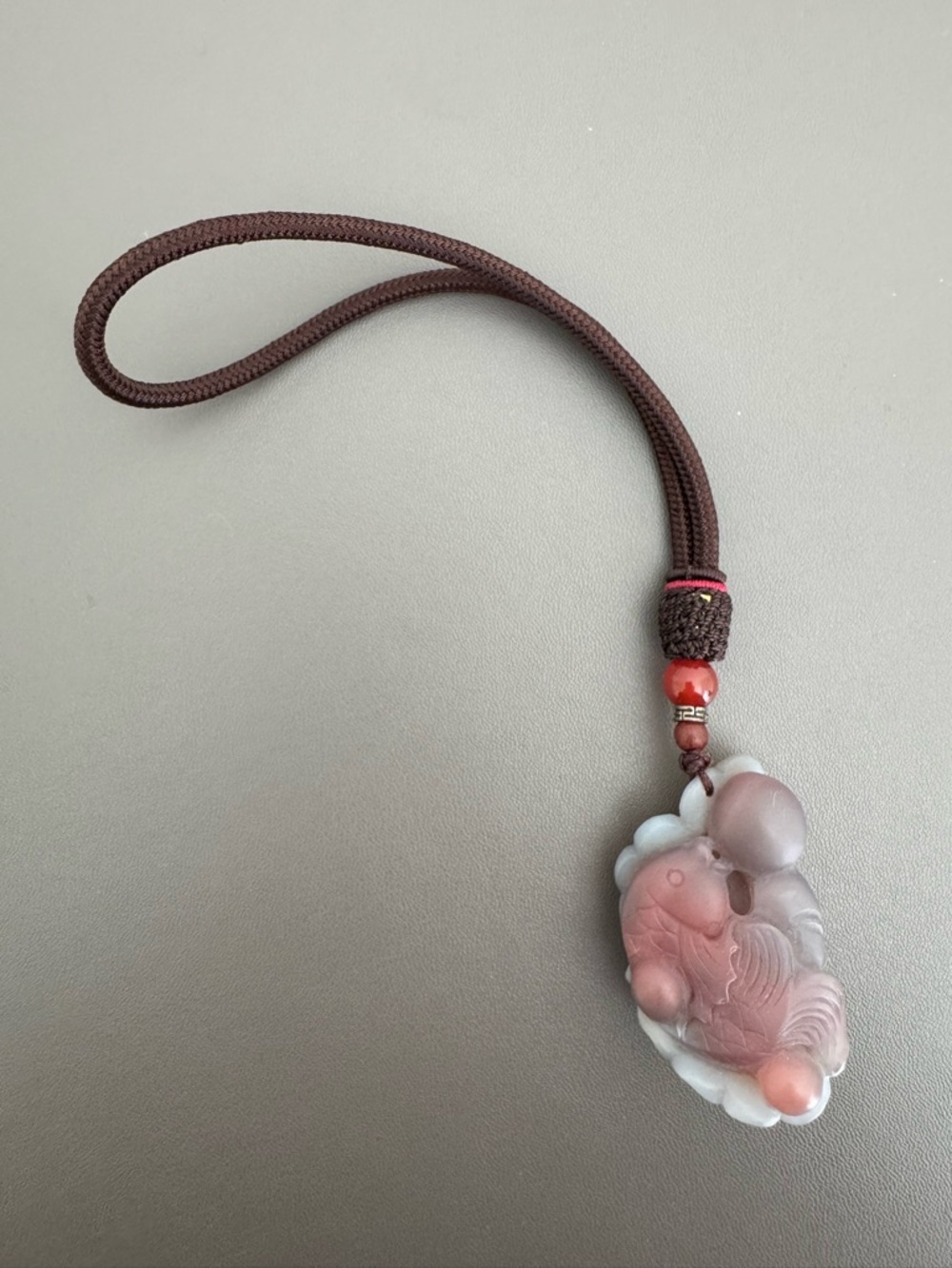 Handcrafted Pink and Gray Carved Jade Pendant Necklace for Women